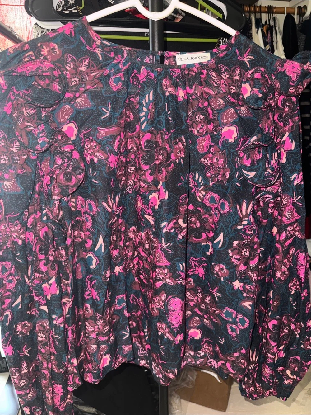 Ulla Johnson Navy Blouse with Pink Floral Print and Puff Sleeves